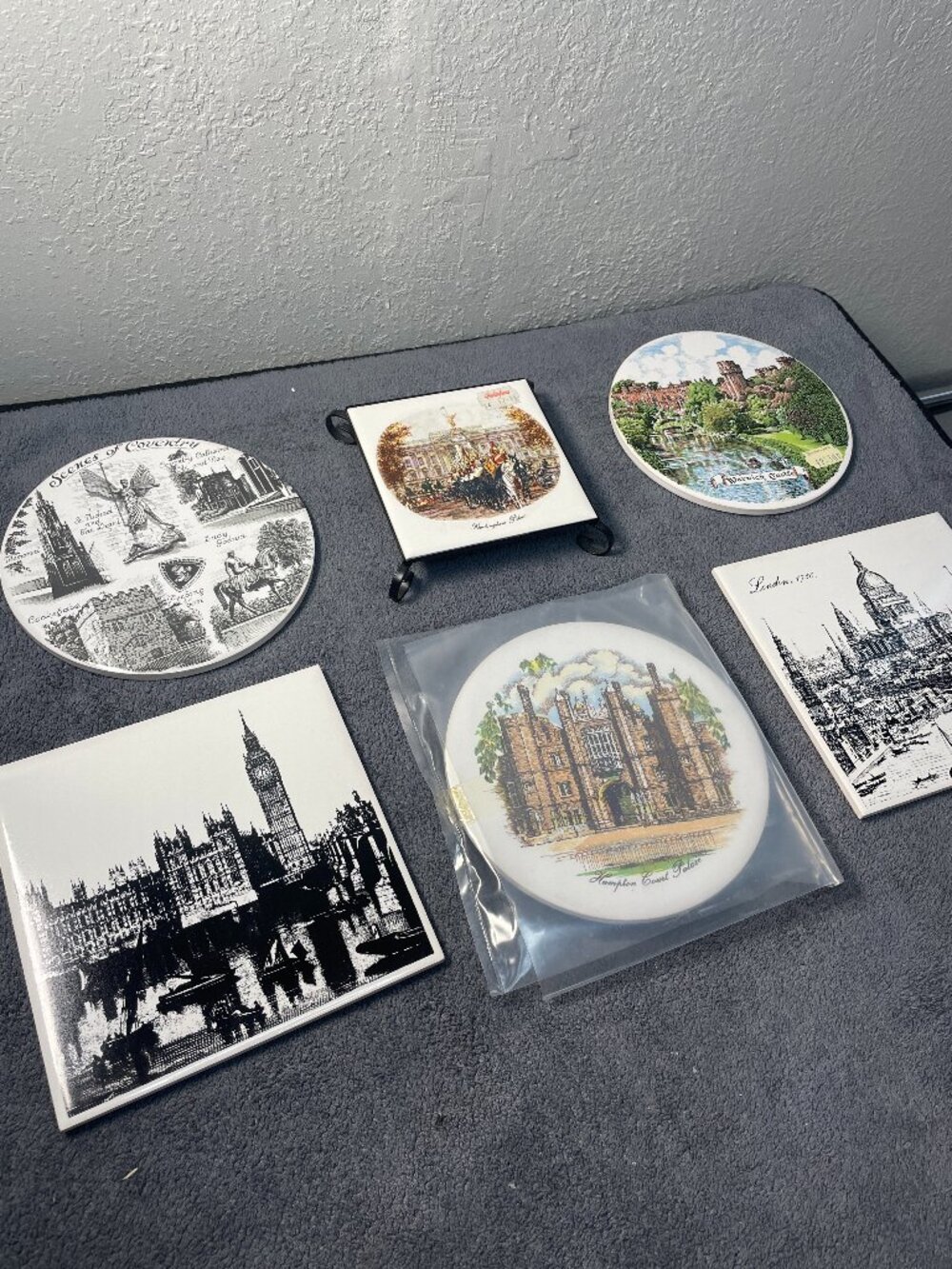 6pcs Vintage British Souvenir Tiles Trivets London Coventry Warwick H&R Johnson